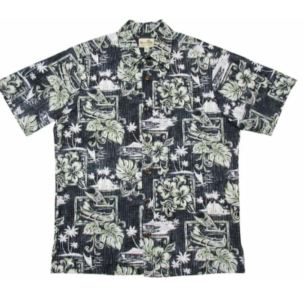 Men🌺 Hawaiian Kayak & Hibiscus 100% Cotton Aloha Shirt, size XL black gray green